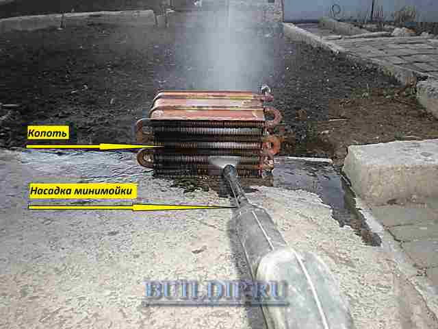 Limpeza do trocador de calor da coluna de gás com mini lavadora de alta pressão.