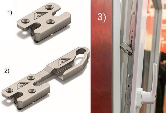 Photo: anti-burglar fittings Roto NX: 1) anti-burglar striker, 2) anti-burglar striker for ventilation mode, 3) windows in ventilation mode are protected from intruders *