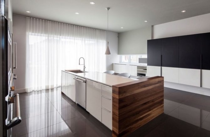 Cocina al estilo del minimalismo, ideas modernas de cortinas para la cocina.